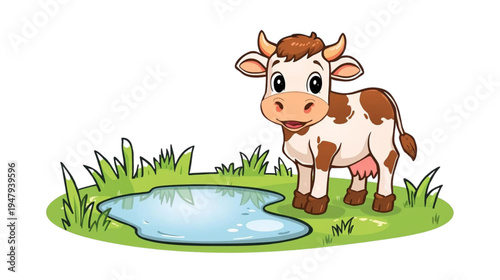 Cow Cartoon Illustration Standing by a Puddle on Green Grass with a Happy Expression