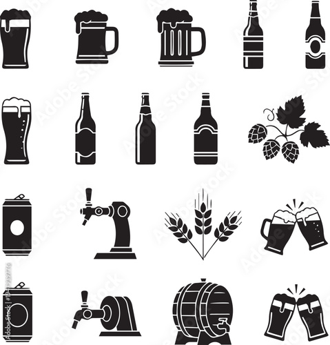 Black and white beer including bottles mugs cans and taps