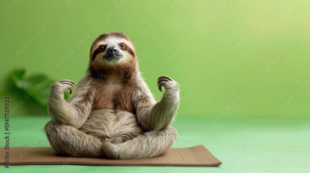 Naklejka premium Sloth sitting in lotus yoga pose on mat with calm smile on green background with copy space