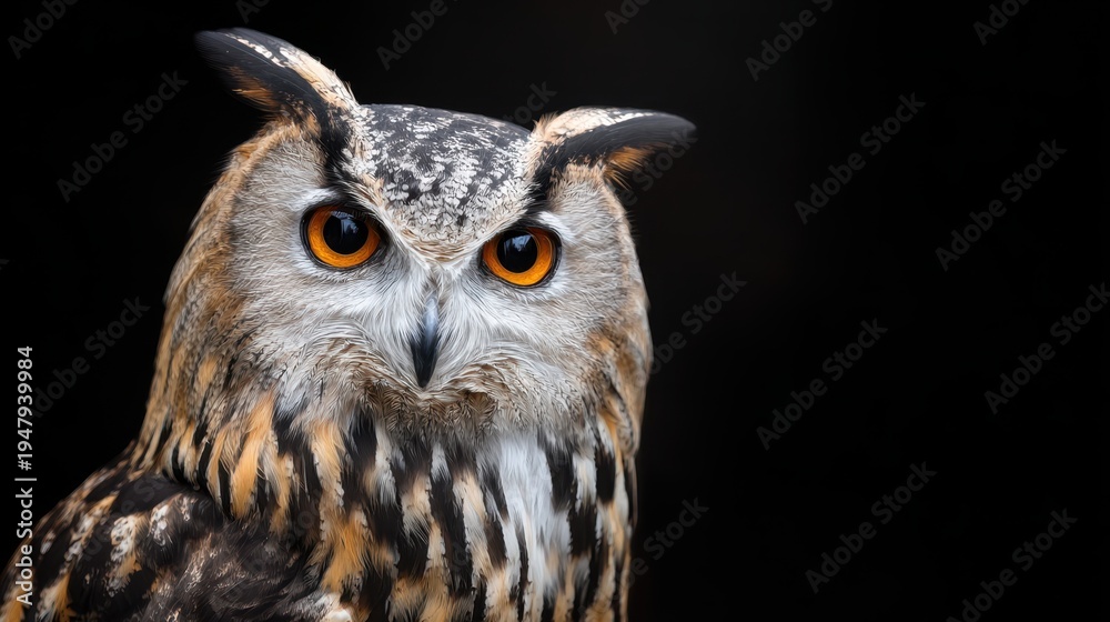 Obraz premium Owl with bright orange eyes looking forward on dark background with dramatic wildlife portrait mood