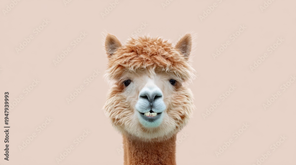 Obraz premium Smiling alpaca portrait with fluffy hair on soft beige background