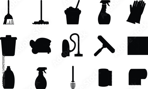 Cleaning supplies and tools icon set