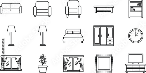 A collection of line drawings of various furniture and home decor items