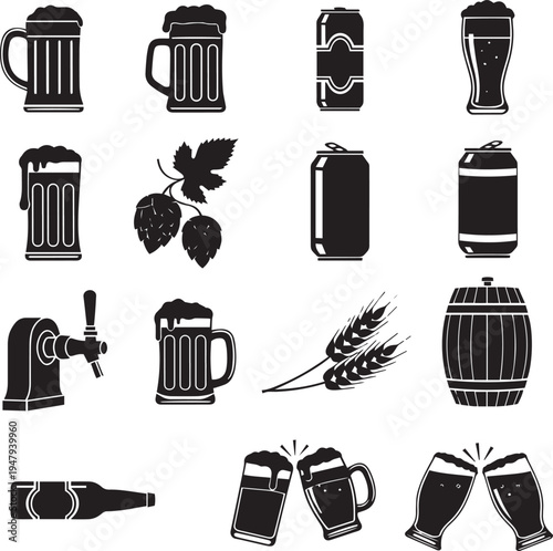Black and white beer including mugs cans and bottles
