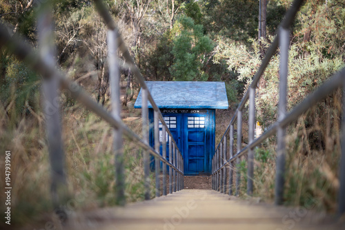 Schilderij op canvas Blue Police Box Forest Path Adventure