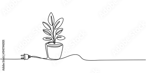 Plant with a plug in continuous one line art style. Green energy concept. Simple vector, Continuous line art green energy plug concept, Clean Energy Continuous Line Editable Icon, Eco-Friendly.