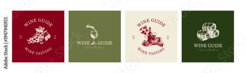 Wine logo set in sketch hand drawn graphic style. Retro drawing. Menu design, winery sign, vineyard emblem, alcohol bar symbol. Vector illustration