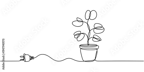 Plant with a plug in continuous one line art style. Green energy concept. Simple vector, Continuous line art green energy plug concept, Clean Energy Continuous Line Editable Icon, Eco-Friendly.