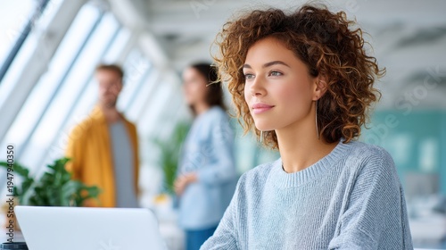 Confident young woman working on laptop in modern office with team in background creative business environment