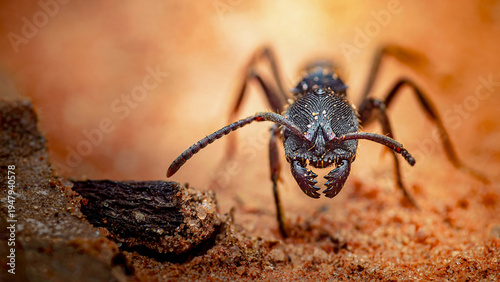 Ant showing mandibles on sandy ground in thailand
