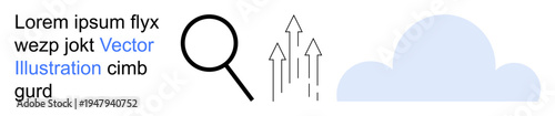 Data analysis, cloud computing, business growth, digital search, market trends, online services. Magnifying glass, cloud and arrows. Data analysis and cloud computing