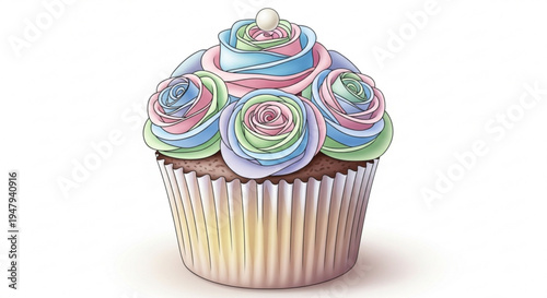 Colorful cupcake with swirled pastel frosting and sprinkles in white wrapper on plain background