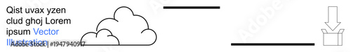 Data sharing, cloud storage, digital archiving, remote access, technology workflows, business logistics. Minimal graphic with a cloud, arrow and box. Data sharing and cloud storage