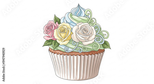 Colorful cupcake with floral frosting and roses on top decorated with swirly icing designs