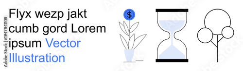 Business growth, time management, nature conservation, financial planning, eco-conscious concepts, resource utilization. Plant with dollar symbol, hourglass tree. Growth and time management