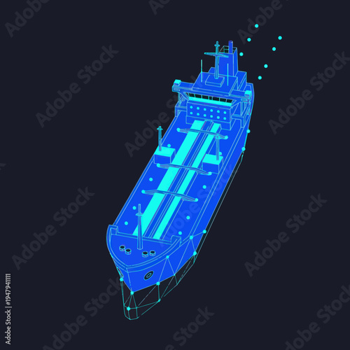 Blue Wireframe Ship on Black Background.