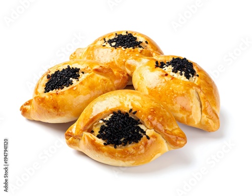 Four golden pastries filled with white cheese and topped with black seeds on a clean white background