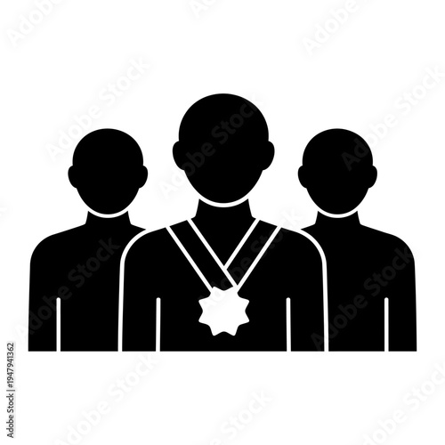 Vector graphic of three people standing together with the middle person wearing a medal