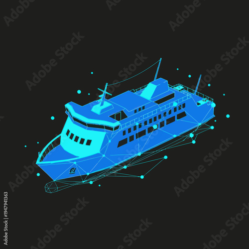 Blue Digital Ferry Boat Illustration on Black.