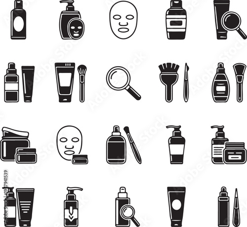 Black and white of various beauty and skincare products and tools
