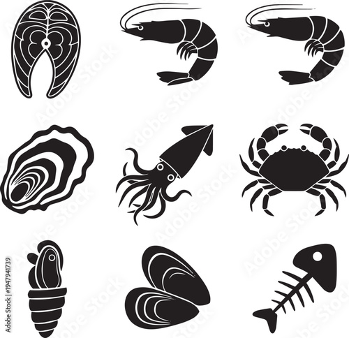 Black and white sea creatures silhouettes seafood ocean animals
