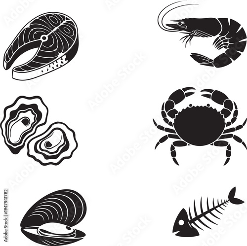 Black and white seafood including fish steak shrimp crab oysters mussel and fish skeleton