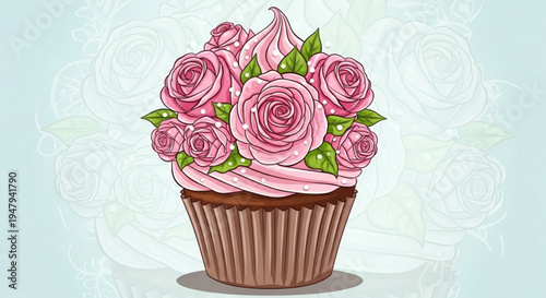 Chocolate cupcake with pink roses and frosting on top sweet dessert for celebration or gift elegant bakery treat