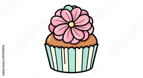 Colorful cupcake with pink flower on top and green striped wrapper on white background