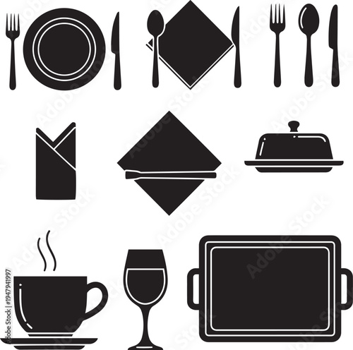 Black and white table setting plate fork knife