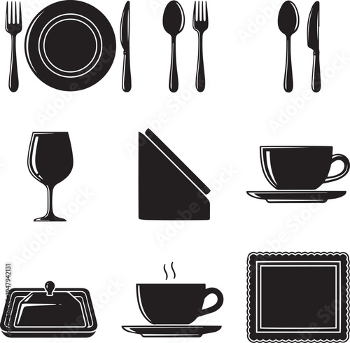 Black and white tableware plate fork knife