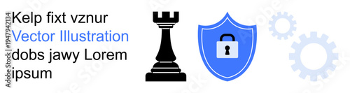 Cybersecurity, strategic planning, risk management, data protection, system optimization, problem solving. Chess rook, shield with lock and gears. Cybersecurity and strategic planning concept
