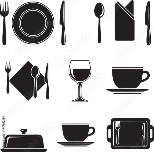 Black and white tableware table setting dining utensils plate glass