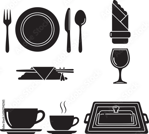 Black and white tableware table setting utensils plate fork knife