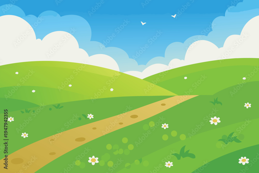 Fototapeta premium A peaceful landscape with rolling green hills and a dirt path high quality