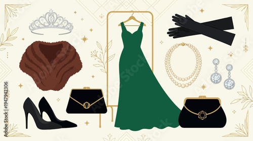 Authentic random couture fashion vector set with eight luxury elements including gown, pearls, clutch, heels, gloves, tiara, fur, and earrings in flat minimal design
