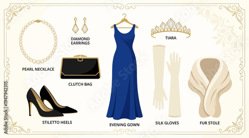 Authentic random couture fashion vector set with eight luxury elements including gown, pearls, clutch, heels, gloves, tiara, fur, and earrings in flat minimal design