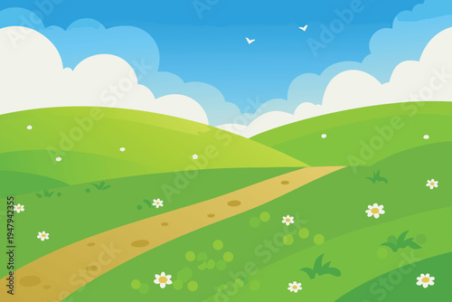 A peaceful landscape with rolling green hills and a dirt path high quality
