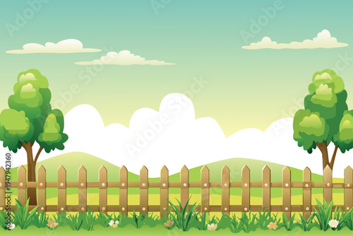 A peaceful landscape featuring a wooden fence and green trees high quality professional