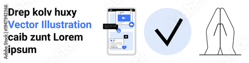 Technology, digital approval, user interface, communication, app development, meditation. Smartphone with app interface, checkmark in circle praying hands. Technology and digital approval concept