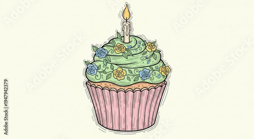 Colorful cupcake with green frosting pink wrapper and lit candle on top for birthday celebration