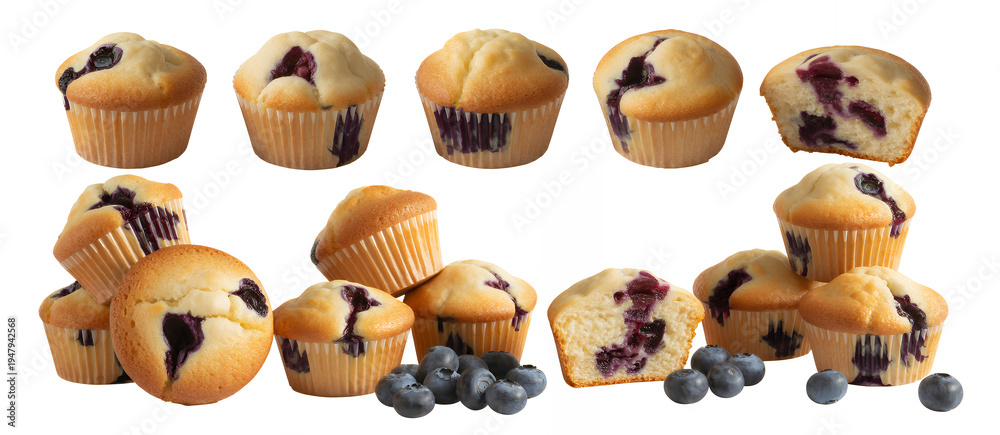 Fototapeta premium Assorted blueberry muffins on white background bakery
