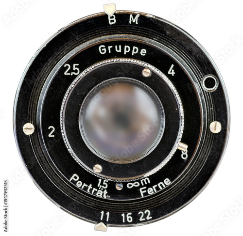 Near view onto the front of an old camera lens