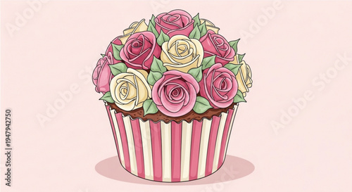 Colorful cupcake with pink and white roses in striped wrapper on light background sweet dessert decoration