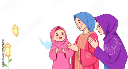 A smiling woman enjoys winter holiday fun with her children, including a mother and daughter, mother and son, and mother and baby, sharing family love and happiness in fashion hats