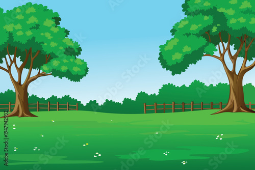 A vibrant cartoon landscape featuring green trees and a field high quality professional