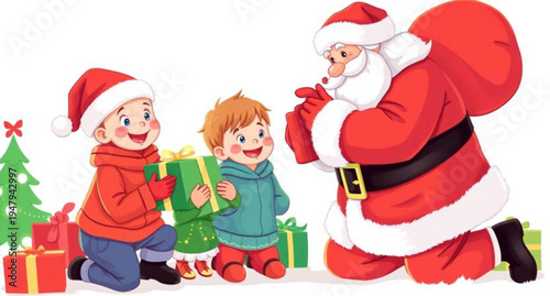 A happy family with a smiling mother, boy, and baby celebrates the winter holiday as Santa Claus gives a Christmas gift to a little girl wearing a red hat