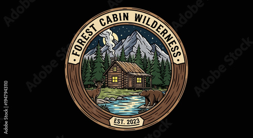 Vintage Forest Cabin Wilderness Emblem, Rustic Mountain Lodge at Night with Bears, Nature Outdoor Adventure Badge Design