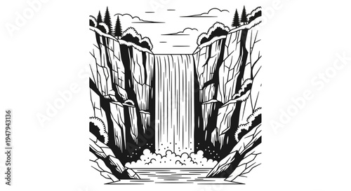 Dramatic black and white illustration of a powerful waterfall cascading between towering cliffs in a natural mountain landscape.