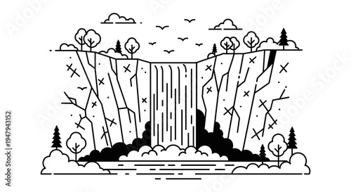 Majestic Waterfall in Canyon Line Art Illustration. Scenic Nature Landscape with Cliffs, Trees, and Flowing Water, Minimalist Graphic Design.