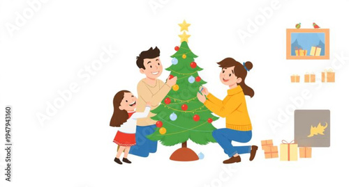 A happy family with a mother, woman, and children celebrates Christmas and New Year with a festive tree, holiday gifts, and decorations to share childhood happiness and winter fun